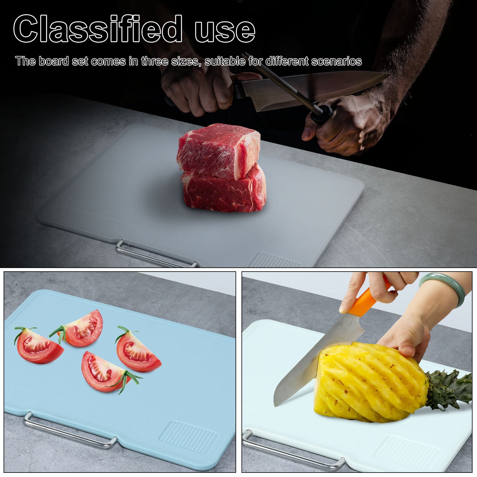 Multifunctional Kitchen Cutting Board Set with Stand, Non-Slip Handle, 3 Sizes