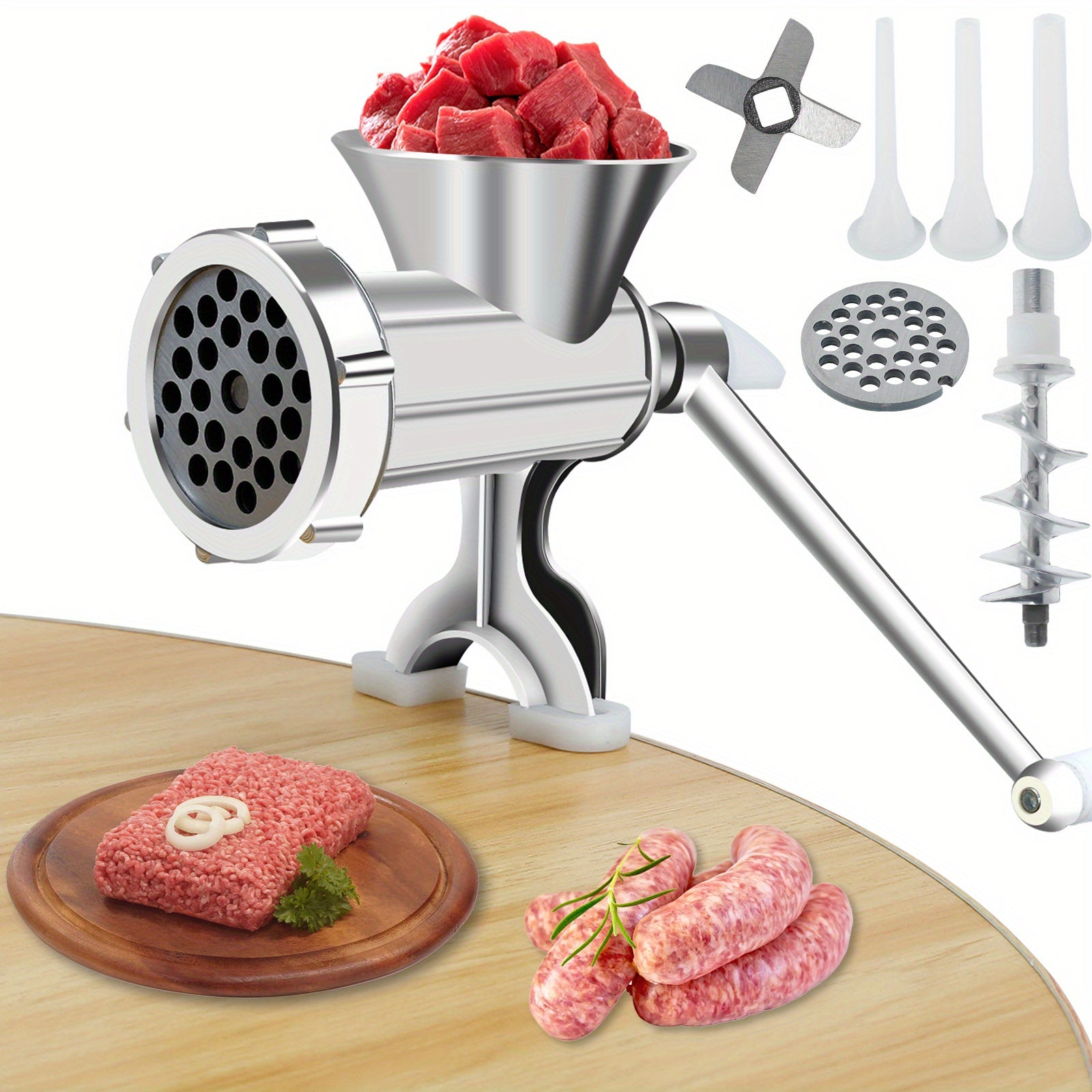 Manual Meat Grinder with Handle, Stainless Steel Tubes, Versatile Sausage Maker