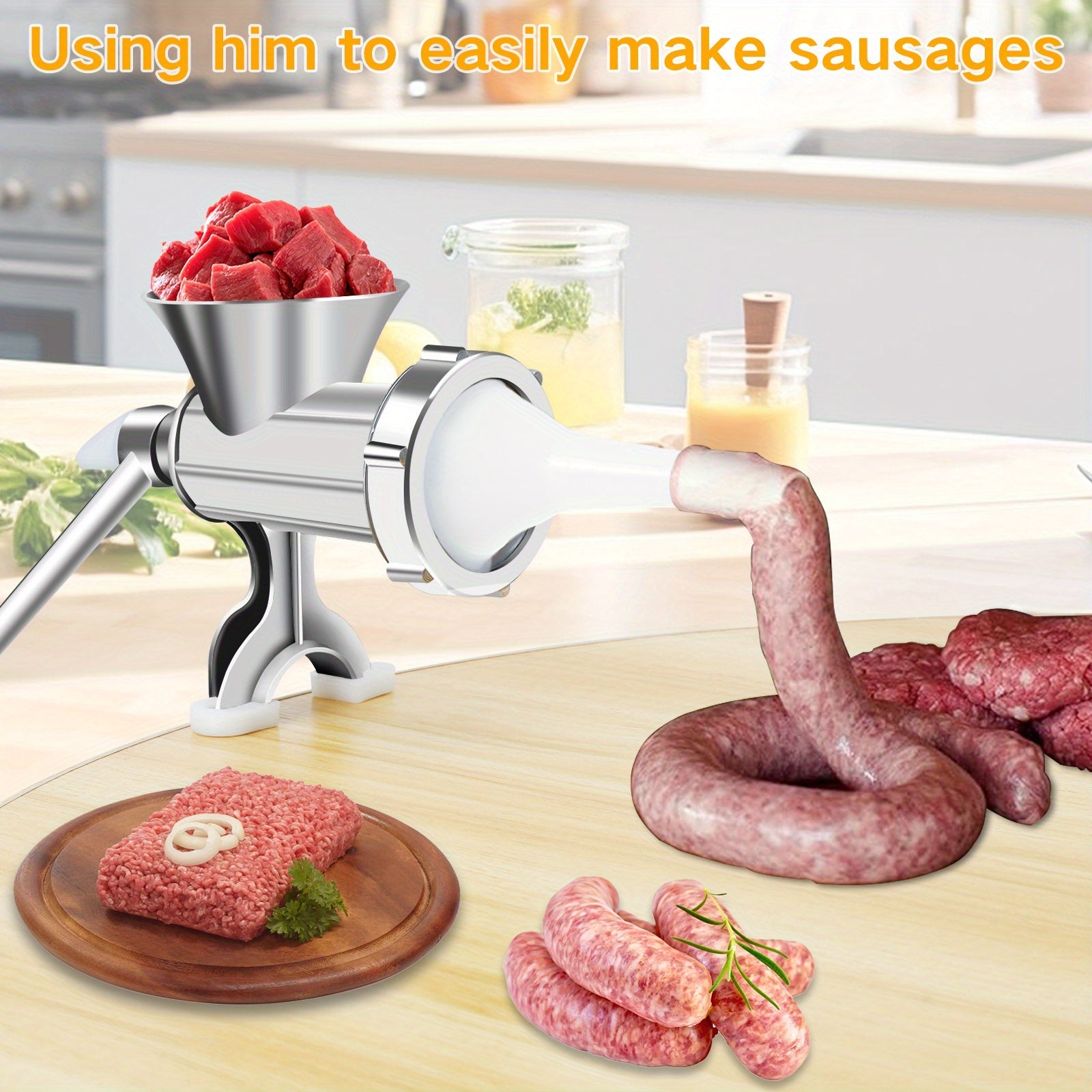 Manual Meat Grinder with Handle, Stainless Steel Tubes, Versatile Sausage Maker