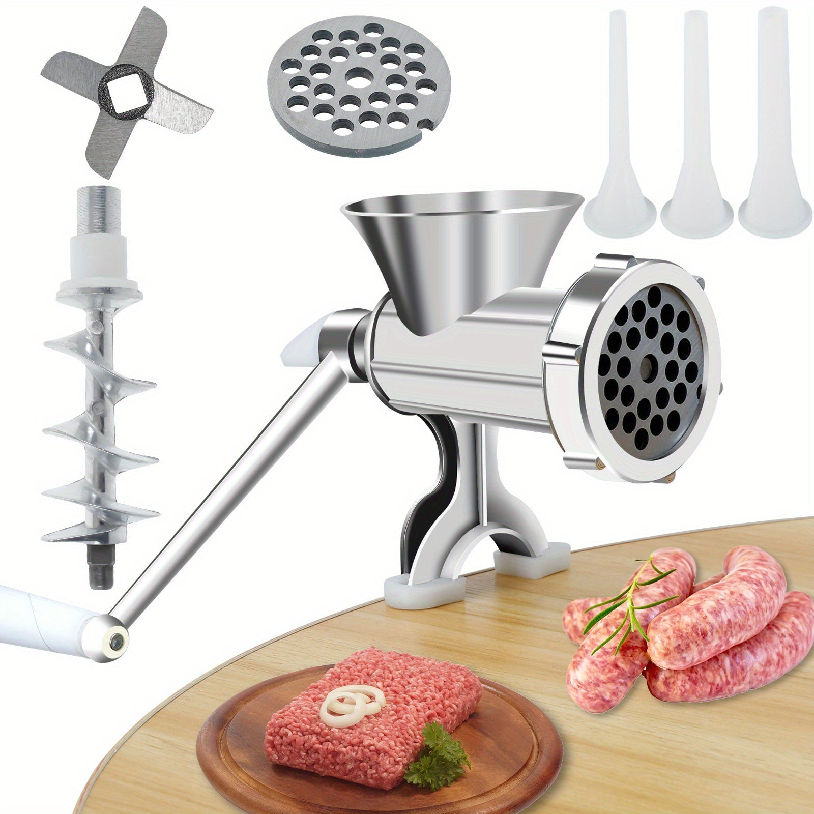 Manual Meat Grinder with Handle, Stainless Steel Tubes, Versatile Sausage Maker