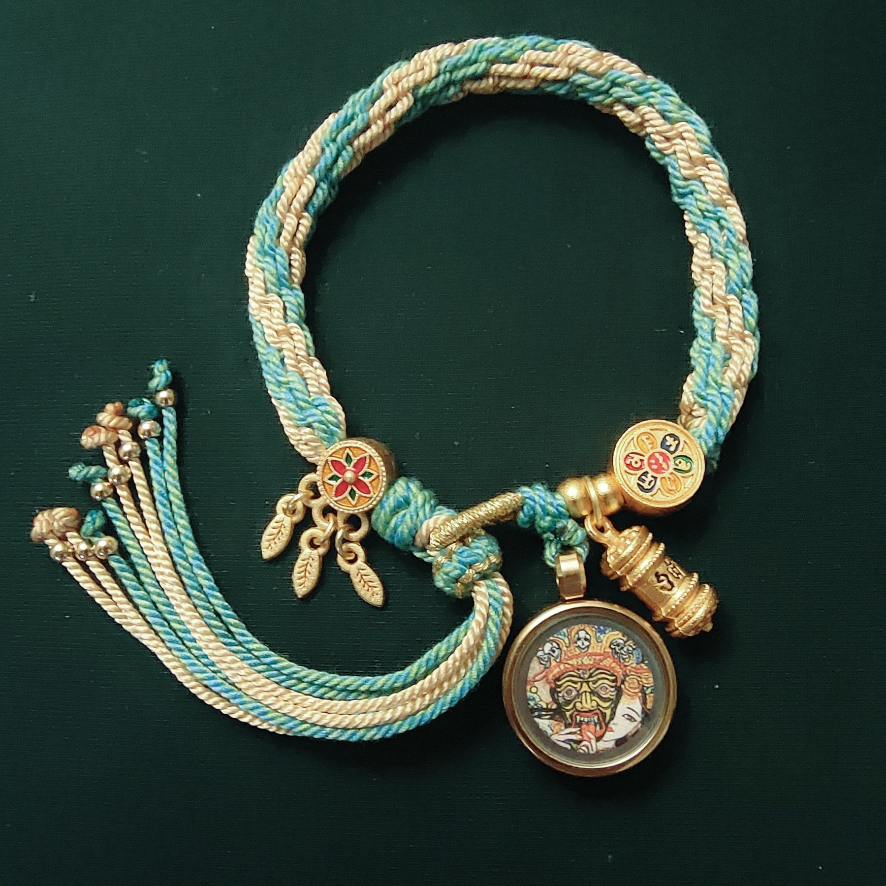 Pulsera trenzada de acero de titanio con bendiciones budistas tibetanas para hombres y mujeres