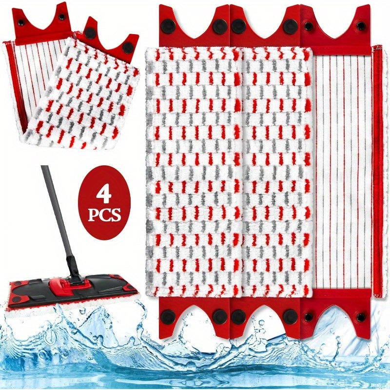Red Microfiber Mop Pads 4-Pack Easy Attach for Hard Floor Cleaning