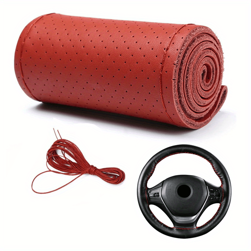 Universal PU Boshqaruv g'ildirak qoplamasi, chidamli, tutqichli, qizil tikuvlar, 38cm, avtomobil aksessuari
