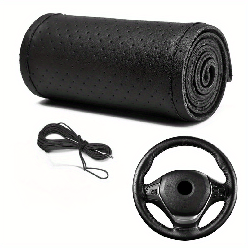 Universal PU Boshqaruv g'ildirak qoplamasi, chidamli, tutqichli, qizil tikuvlar, 38cm, avtomobil aksessuari