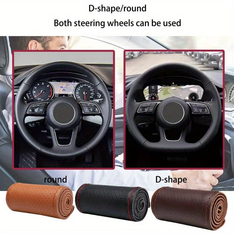 Universal PU Boshqaruv g'ildirak qoplamasi, chidamli, tutqichli, qizil tikuvlar, 38cm, avtomobil aksessuari