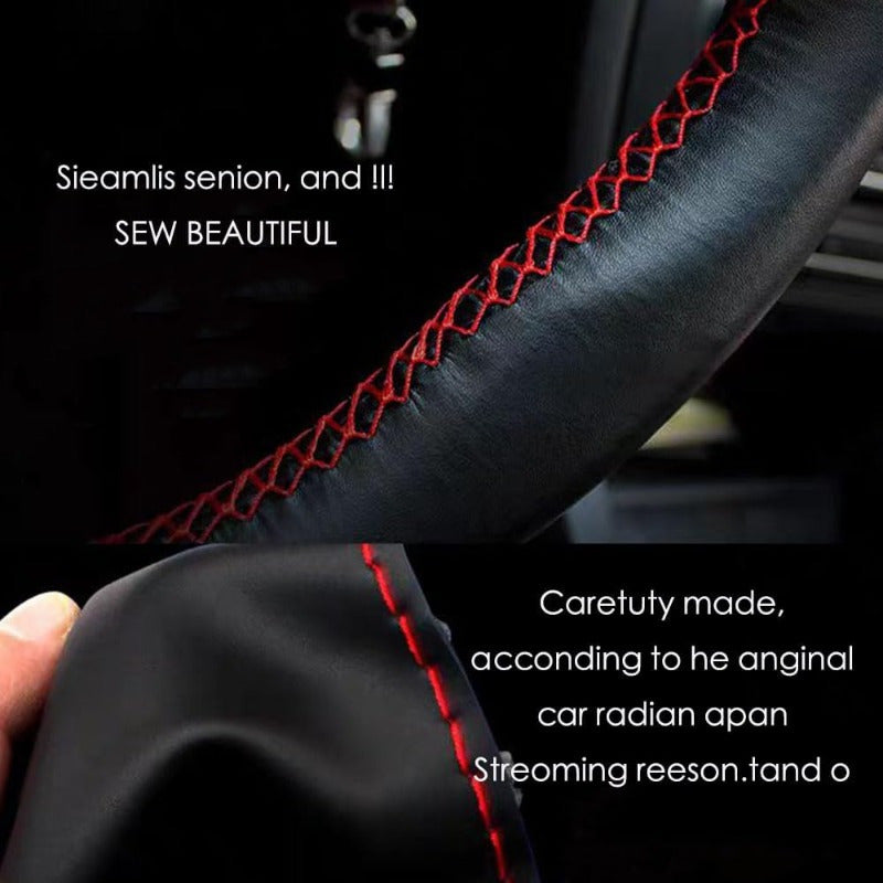 Universal PU Boshqaruv g'ildirak qoplamasi, chidamli, tutqichli, qizil tikuvlar, 38cm, avtomobil aksessuari