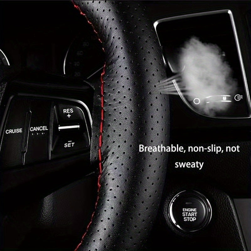 Universal PU Boshqaruv g'ildirak qoplamasi, chidamli, tutqichli, qizil tikuvlar, 38cm, avtomobil aksessuari