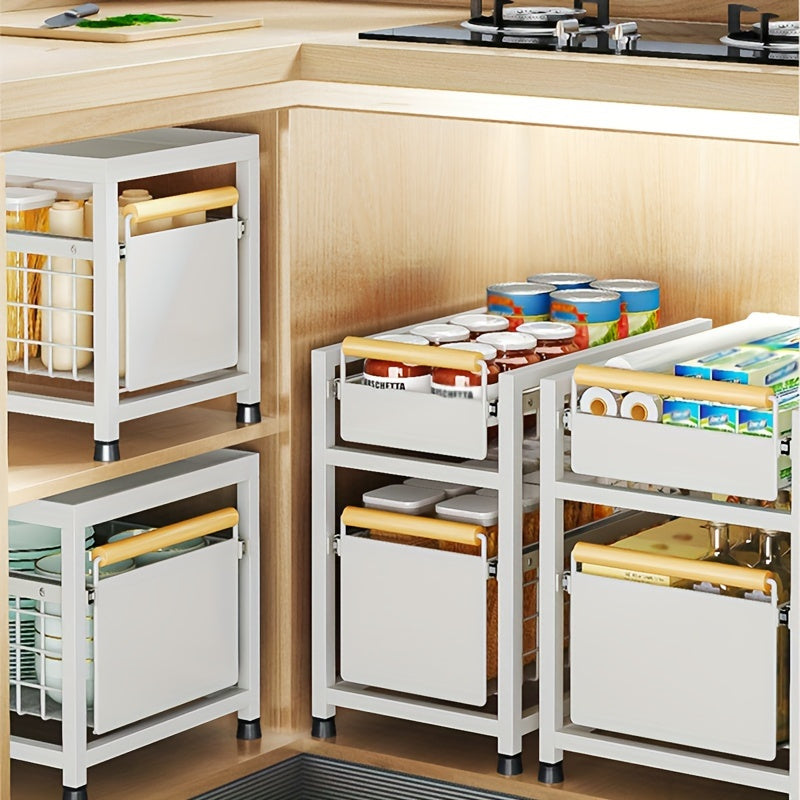 Two-Tier Under-Sink Storage Rack with Sliding Drawers for Spices and Utensils Kitchen Organizer