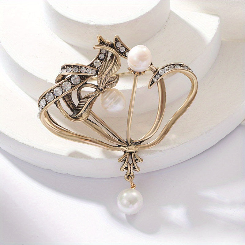 Vintage Rhinestone Flower Brooch with Pearls for Sweaters and Suits