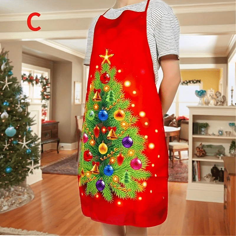 Christmas Santa Apron Red Polyester Holiday Snowflakes Reindeer Cooking Baking