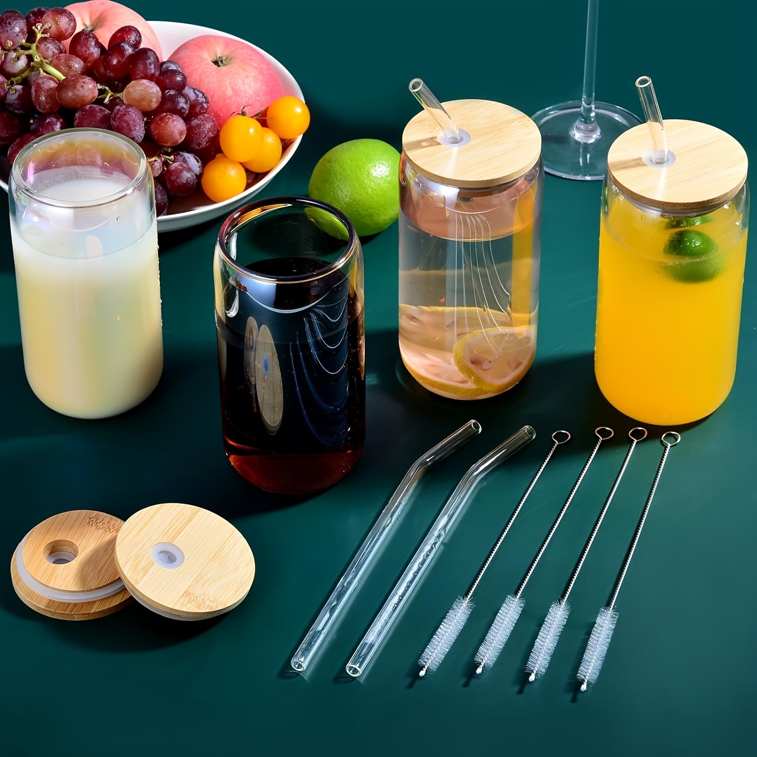 Set of 4 18.6oz Gradient Color Mason Jar Cups with Bamboo Lids Glass Straws and Cleaning Brush