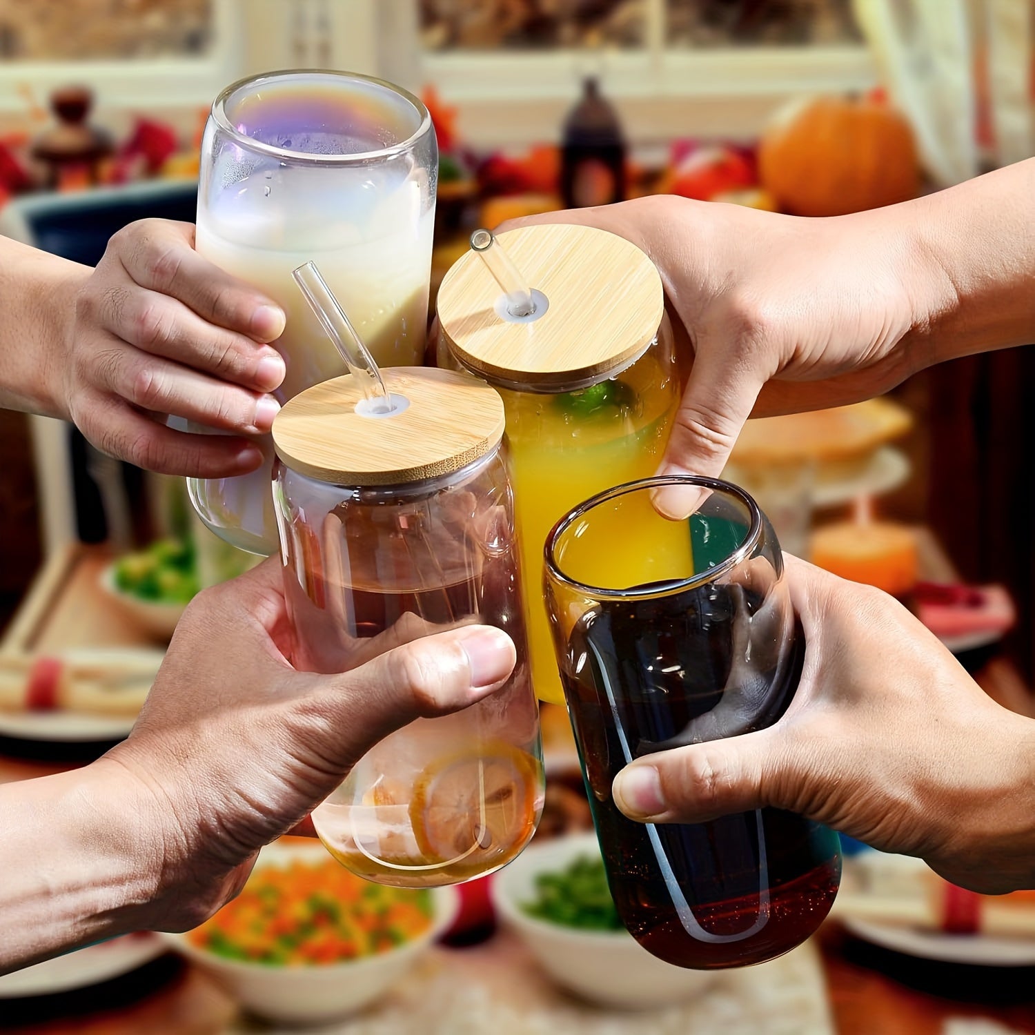 Set of 4 18.6oz Gradient Color Mason Jar Cups with Bamboo Lids Glass Straws and Cleaning Brush