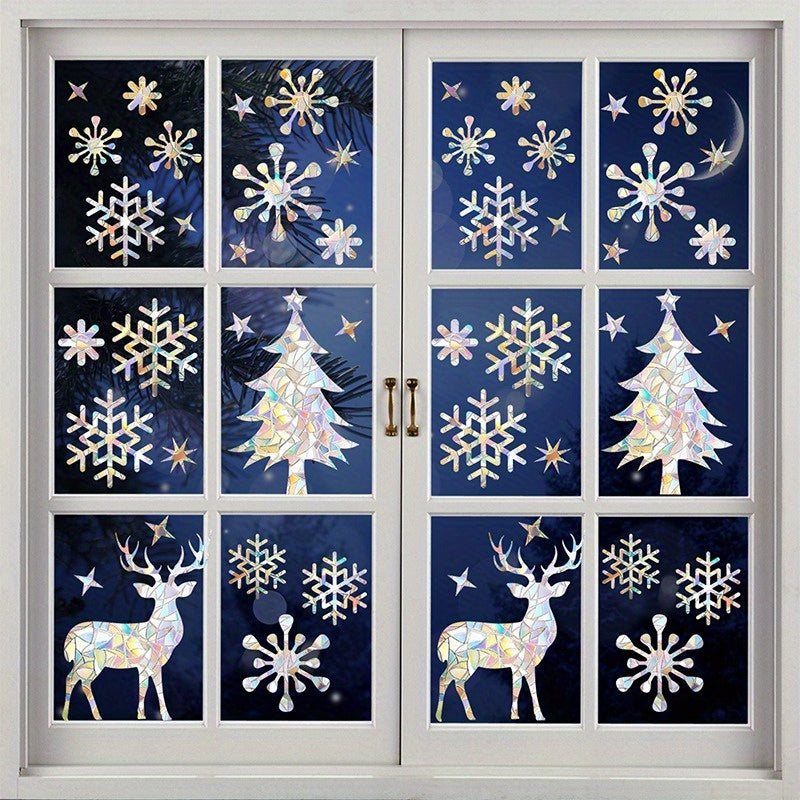 Christmas Window Clings Prismatic Vinyl Snowflakes Reindeer Trees Holiday Decor