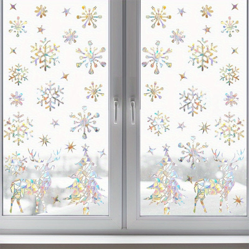 Christmas Window Clings Prismatic Vinyl Snowflakes Reindeer Trees Holiday Decor