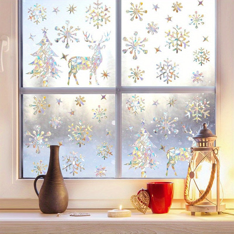 Christmas Window Clings Prismatic Vinyl Snowflakes Reindeer Trees Holiday Decor