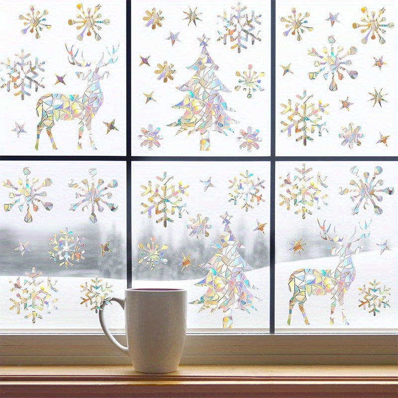 Christmas Window Clings Prismatic Vinyl Snowflakes Reindeer Trees Holiday Decor
