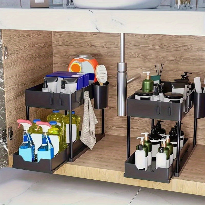 Organizador de plástico de 2 niveles con extracción moderna para almacenamiento en cocina y baño