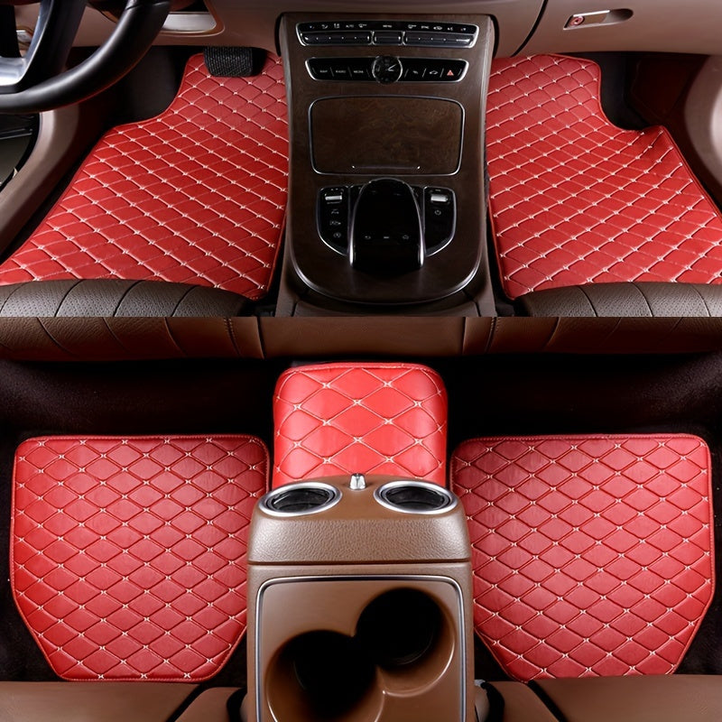Universal Waterproof PU Leather Car Floor Mats 5 Pack Checkered Pattern