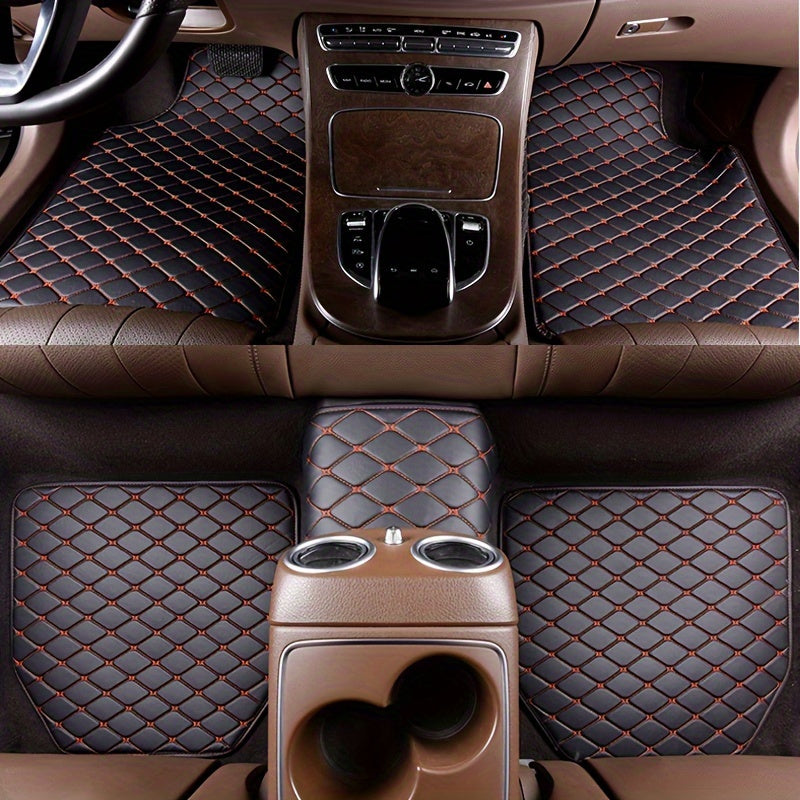 Universal Waterproof PU Leather Car Floor Mats 5 Pack Checkered Pattern