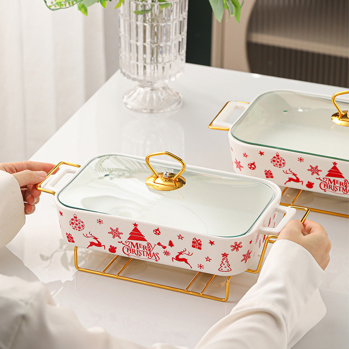 Ceramic Dinnerware Set with Christmas Designs Includes Soup Casserole Dishes