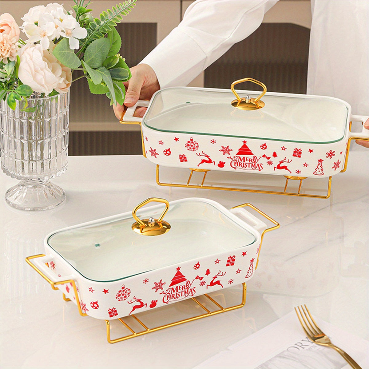 Ceramic Dinnerware Set with Christmas Designs Includes Soup Casserole Dishes