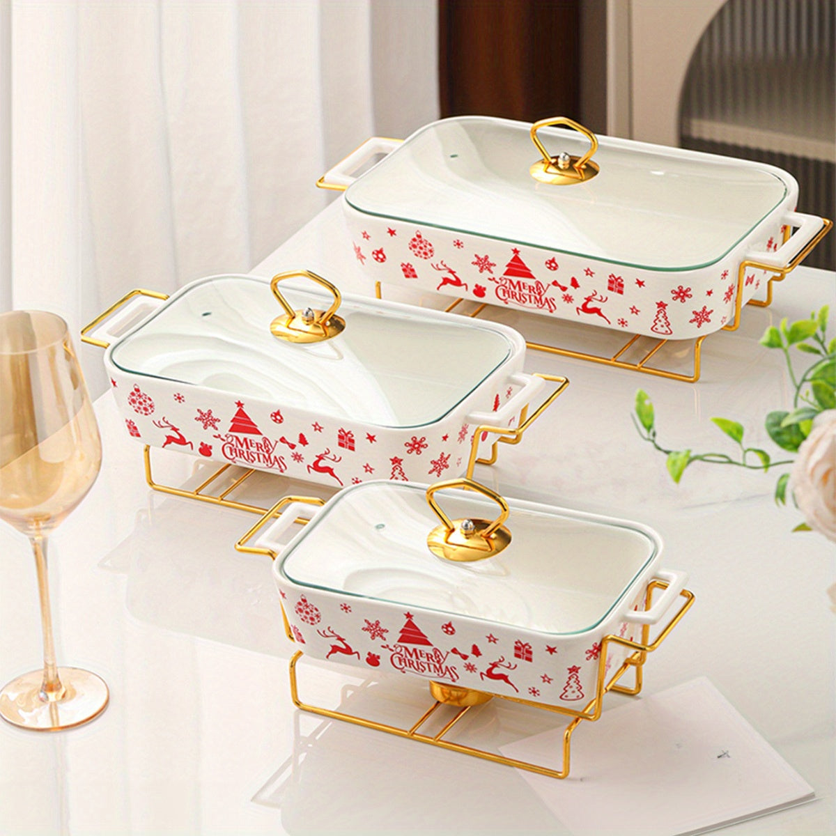 Ceramic Dinnerware Set with Christmas Designs Includes Soup Casserole Dishes