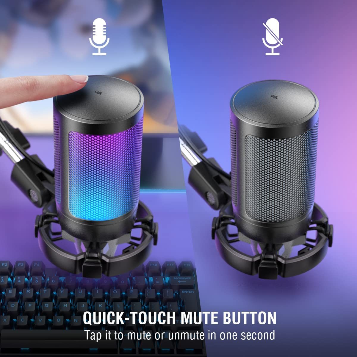 Micrófono de condensador USB con LED de 7 colores RGB con conector para auriculares para juegos, canto, karaoke y transmisión