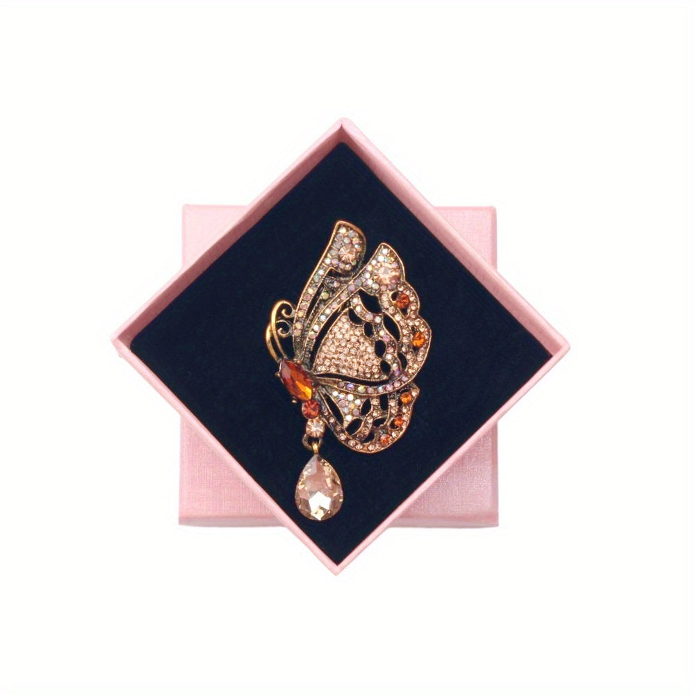 Ayollar uchun rasmiy kiyimlar uchun shisha tomchi kristalli osma bilan kapalak brosh pin, metall dizayni va rhinestones