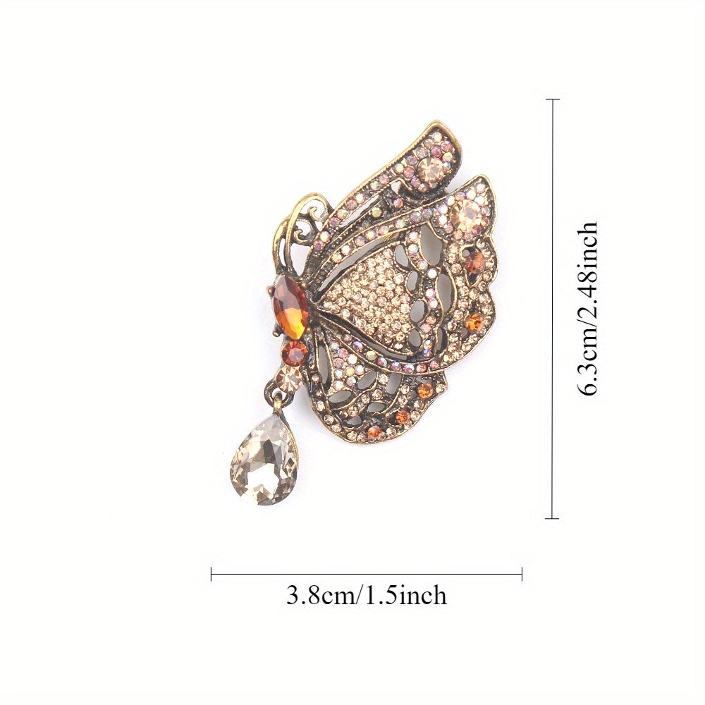 Butterfly Brooch Pin with Teardrop Crystal Dangle Rhinestones and Metal Design for Women's Formal Wear