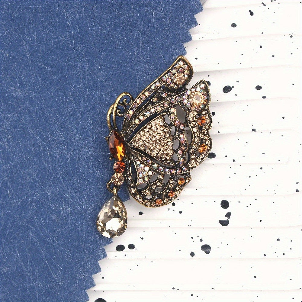 Butterfly Brooch Pin with Teardrop Crystal Dangle Rhinestones and Metal Design for Women's Formal Wear