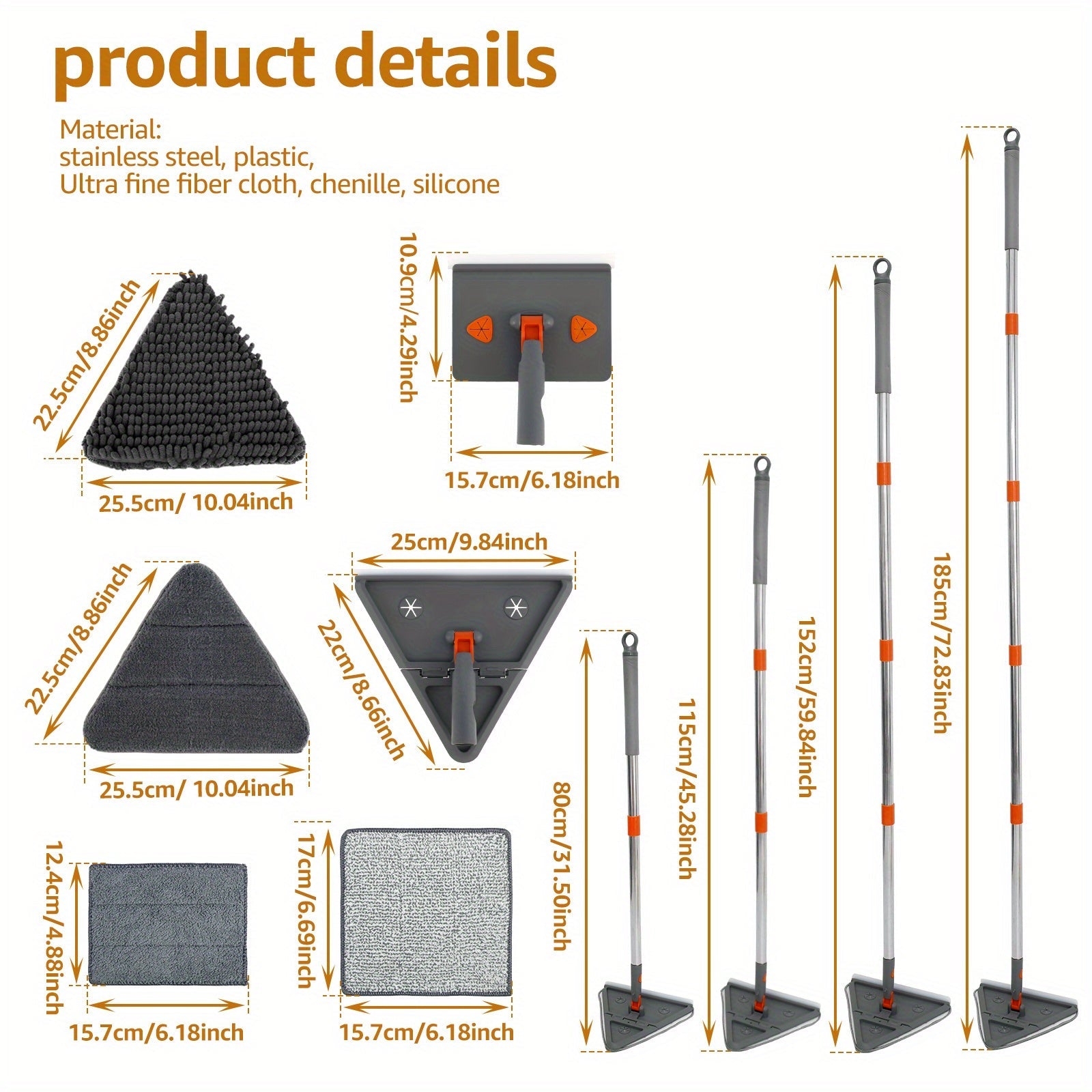 Uy yashash xonasi uchun ko'p yuzali tozalash vositasi - devor va pol tozalash uchun 2-in-1 mop, uzun tutqich, uchburchak va to'rtburchak boshlar, 360° aylanuvchi, devorlar, shiftlar, asosiy plitalar uchun qayta ishlatiladigan padlar.