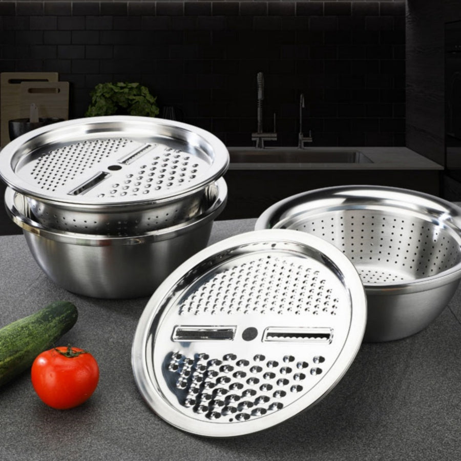 Stainless Steel Kitchen Grater Set with Draining Bowl and Mandoline Slicer
