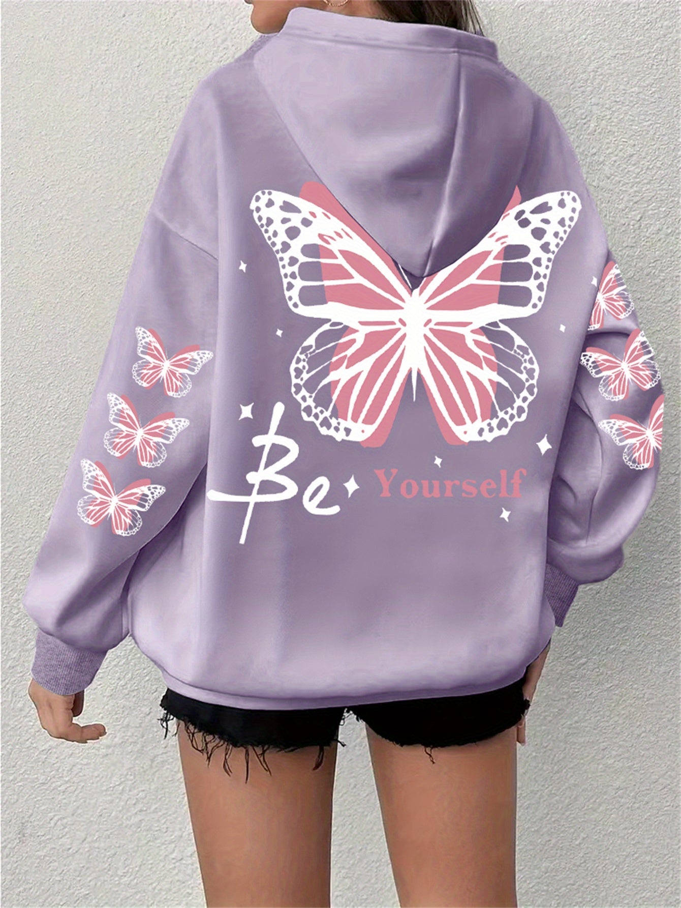 Толстовка с принтом бабочки для полных женщин, повседневная с длинными рукавами и капюшоном, на шнурке