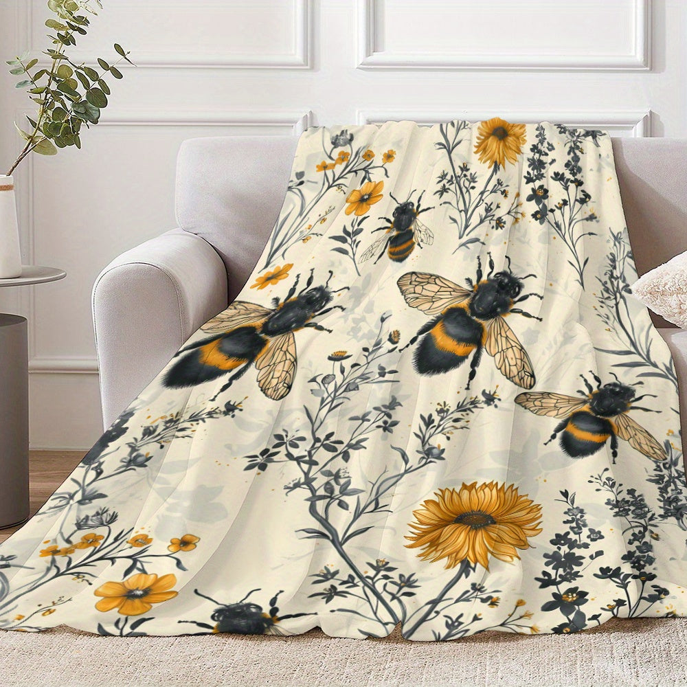 Wildflower and Bee-Inspired Flannel Throw Blanket 100% Polyester Quilted Bedding for Napping Camping Travel