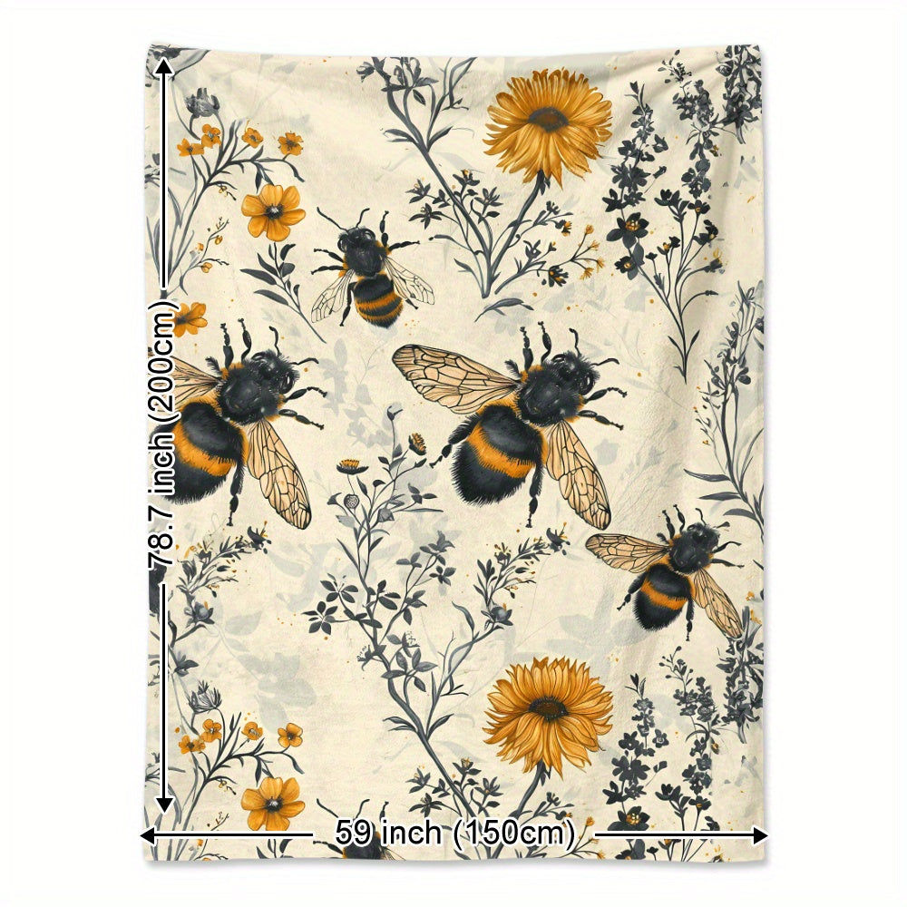 Wildflower and Bee-Inspired Flannel Throw Blanket 100% Polyester Quilted Bedding for Napping Camping Travel