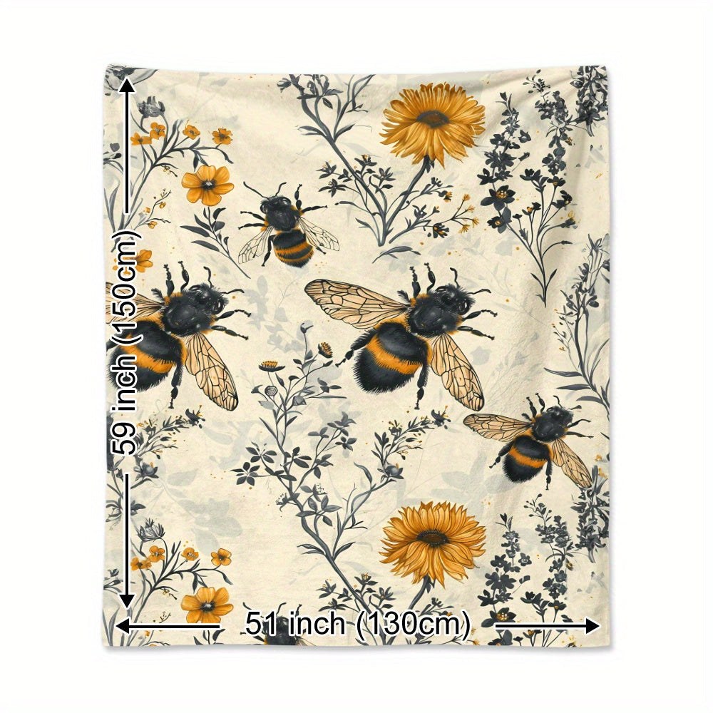 Wildflower and Bee-Inspired Flannel Throw Blanket 100% Polyester Quilted Bedding for Napping Camping Travel