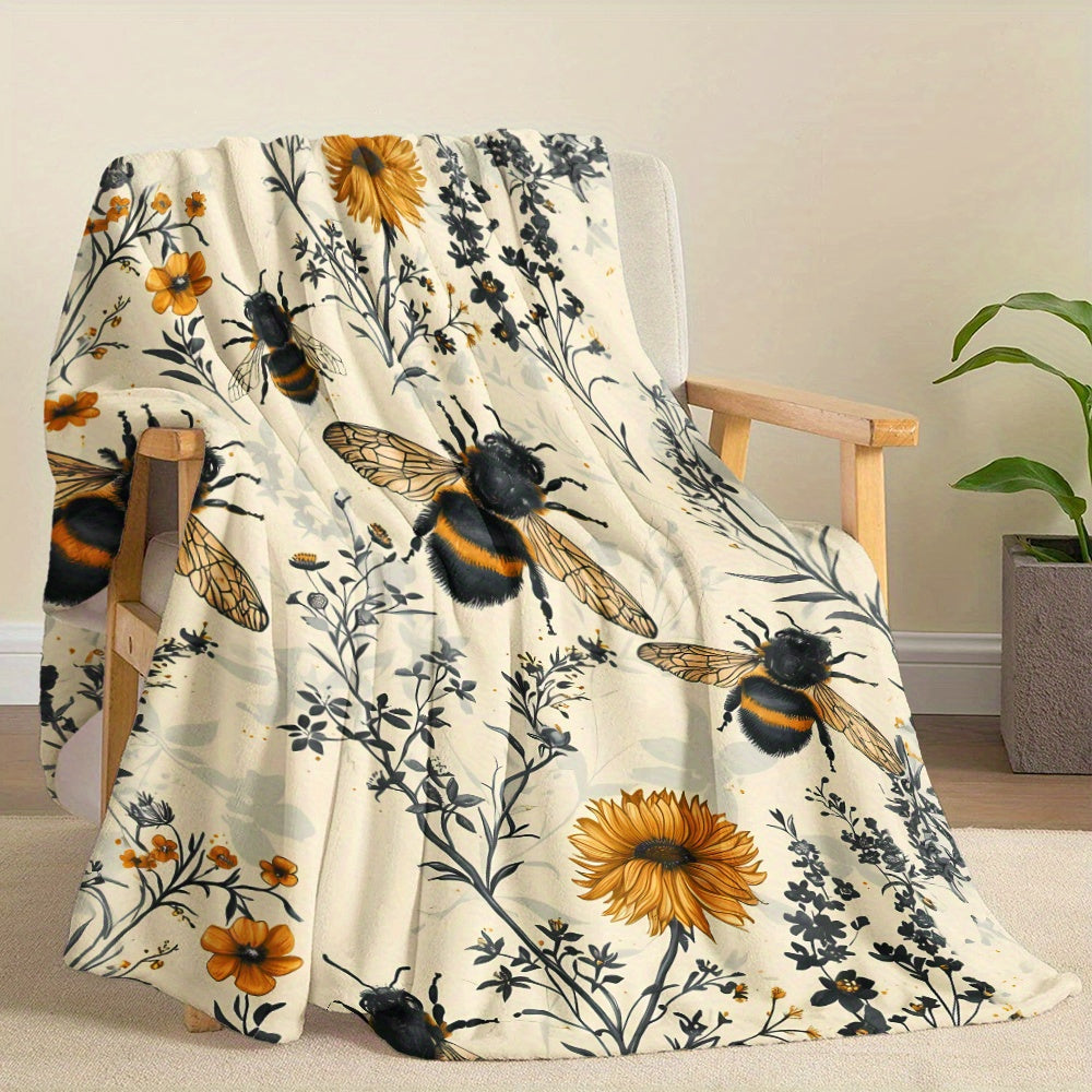 Wildflower and Bee-Inspired Flannel Throw Blanket 100% Polyester Quilted Bedding for Napping Camping Travel