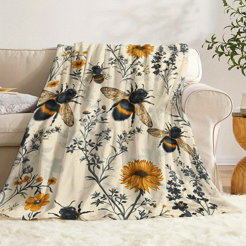 Wildflower and Bee-Inspired Flannel Throw Blanket 100% Polyester Quilted Bedding for Napping Camping Travel