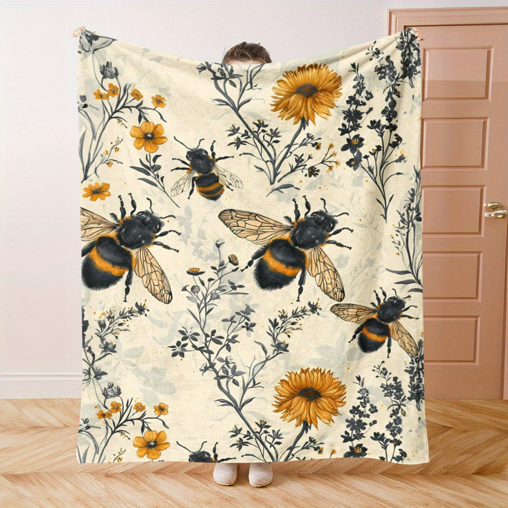 Wildflower and Bee-Inspired Flannel Throw Blanket 100% Polyester Quilted Bedding for Napping Camping Travel