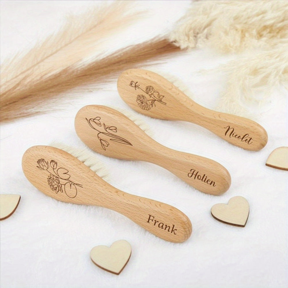 Custom Engraved Wooden Hair Brush with Woolen Bristles Personalised Memory Gift