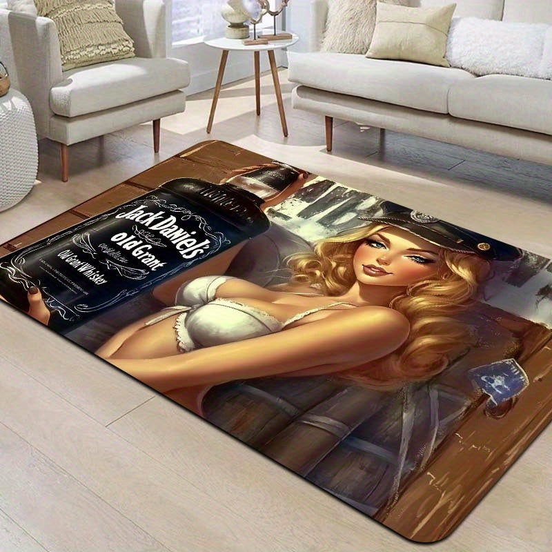 Alfombra de puerta con temática de whisky y chica pin-up, antideslizante, para interior, de poliéster con respaldo de PVC