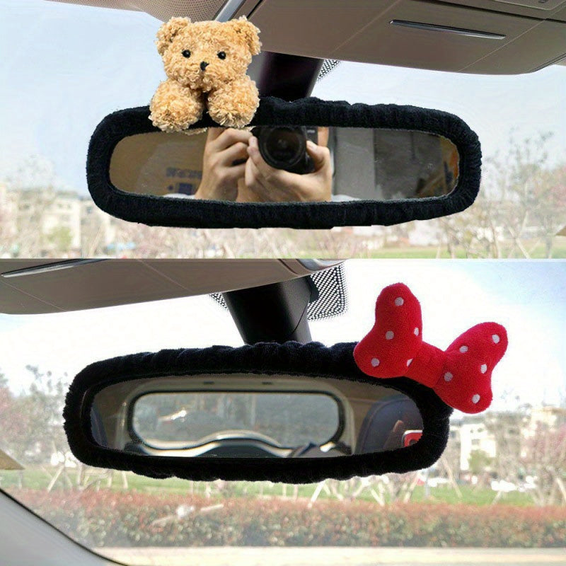 Women's Car Rearview Mirror Cover Elastic Decoration Bear Bow Auto Accessory