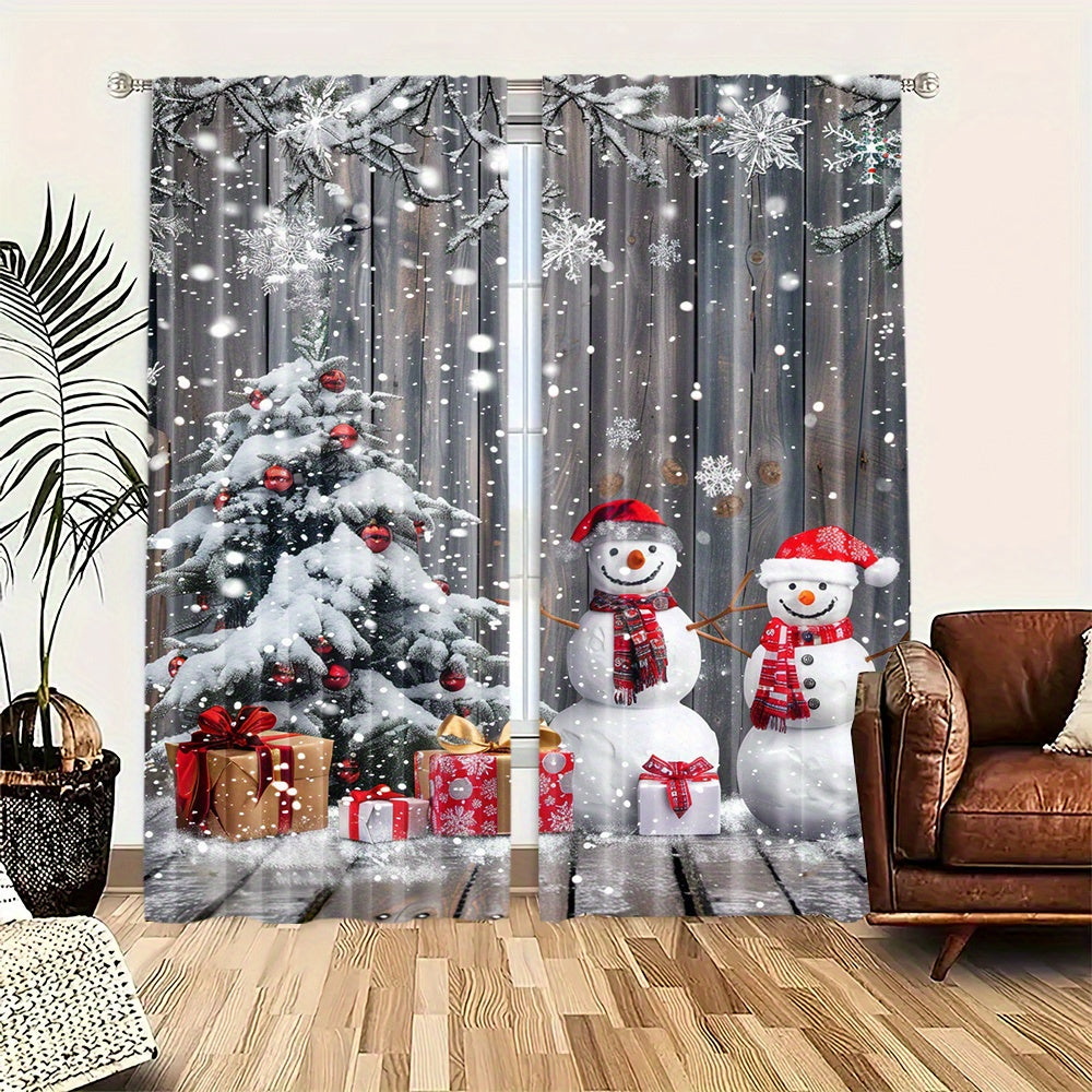 Christmas Snowman and Scene Curtains 2-Piece Set Polyester Rod Pocket Decor