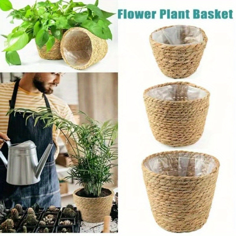 Hand-Woven Seagrass Oval Plant Basket with Liner Indoor Outdoor Durable Lightweight