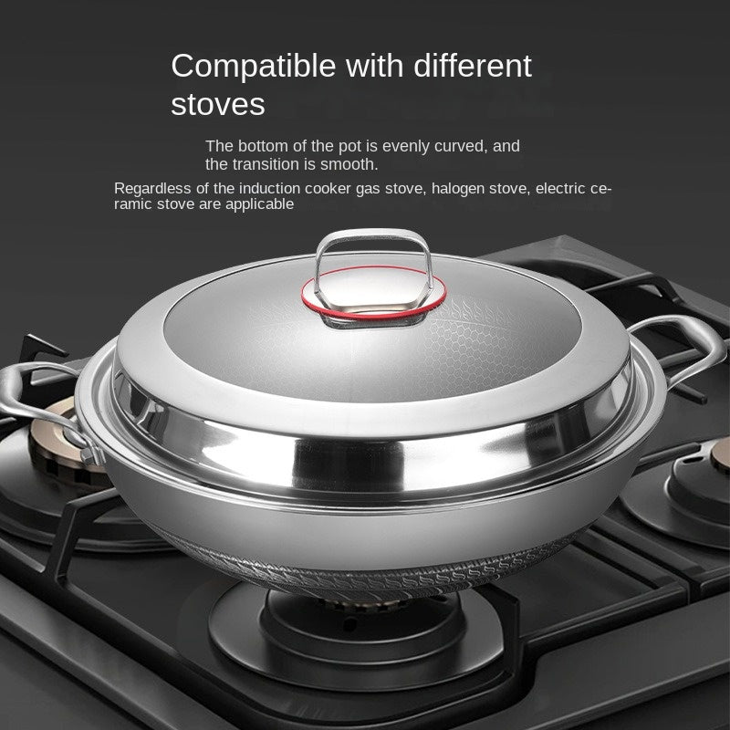 Wok de acero inoxidable con tapa, sartén antiadherente para comidas saludables