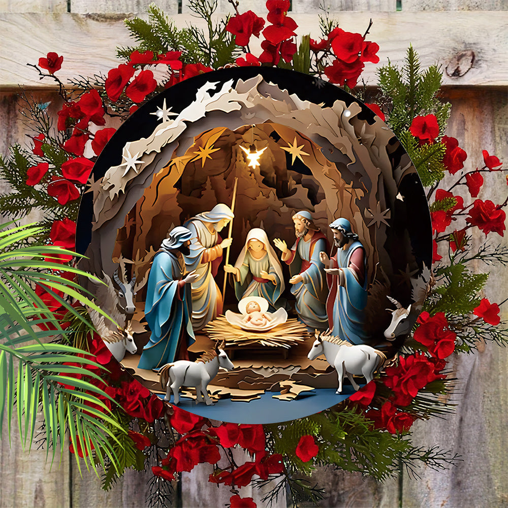 Round Wooden Nativity Scene Hanging Sign Christian Wall Art Decor for Christmas Garden Courtyard