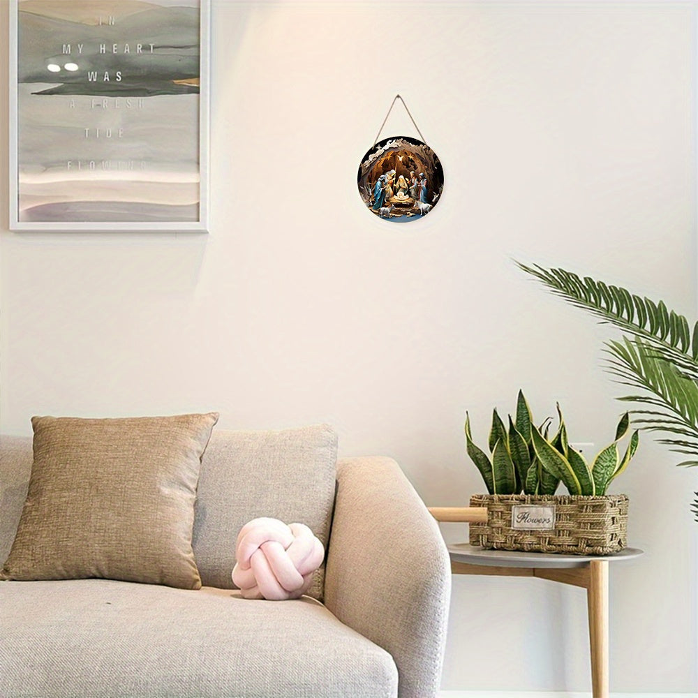 Round Wooden Nativity Scene Hanging Sign Christian Wall Art Decor for Christmas Garden Courtyard