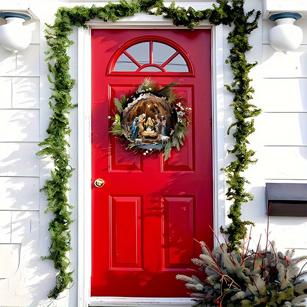 Round Wooden Nativity Scene Hanging Sign Christian Wall Art Decor for Christmas Garden Courtyard