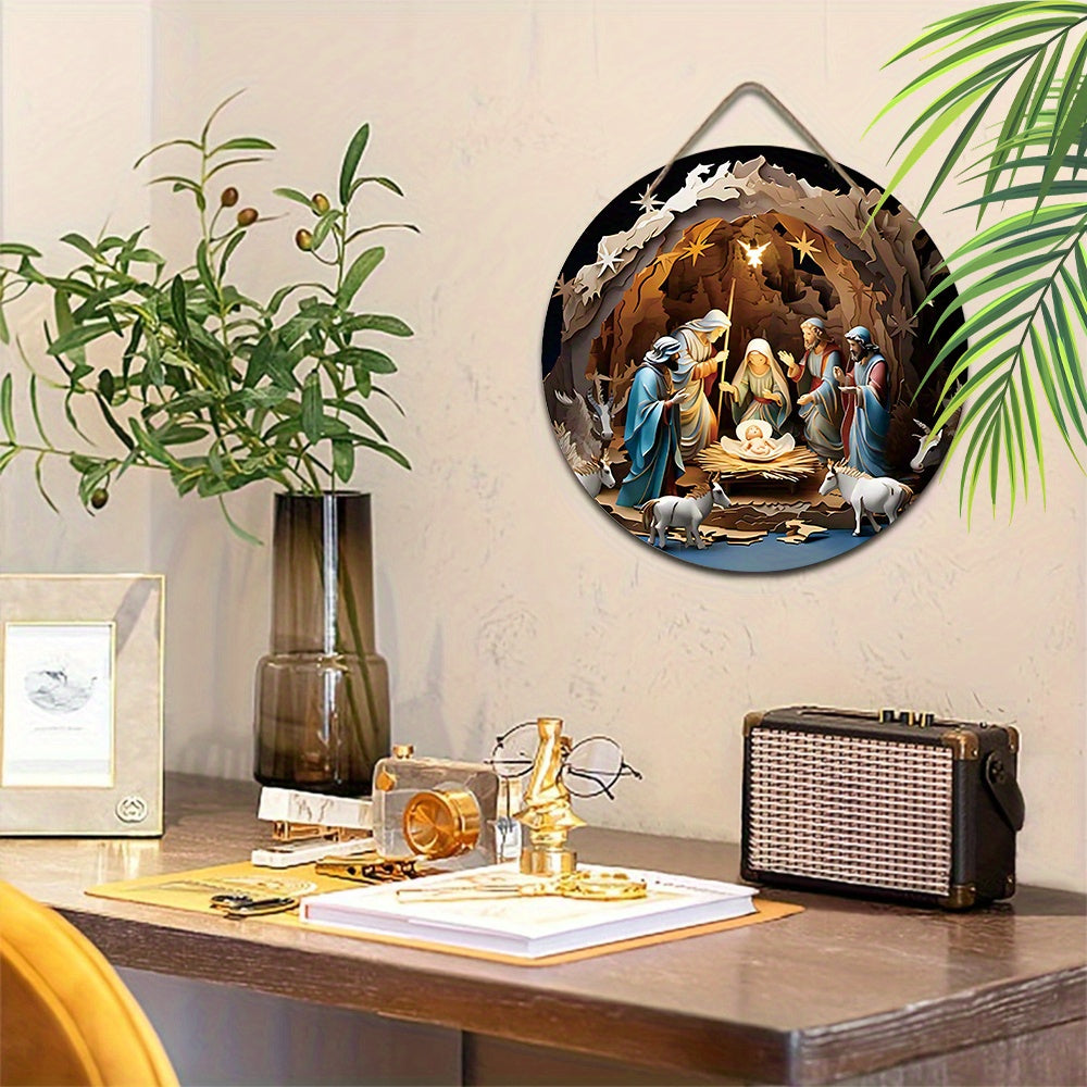 Round Wooden Nativity Scene Hanging Sign Christian Wall Art Decor for Christmas Garden Courtyard