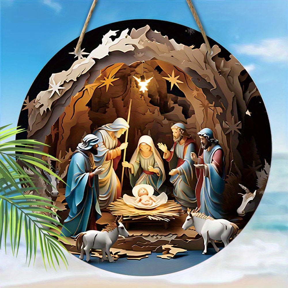 Round Wooden Nativity Scene Hanging Sign Christian Wall Art Decor for Christmas Garden Courtyard